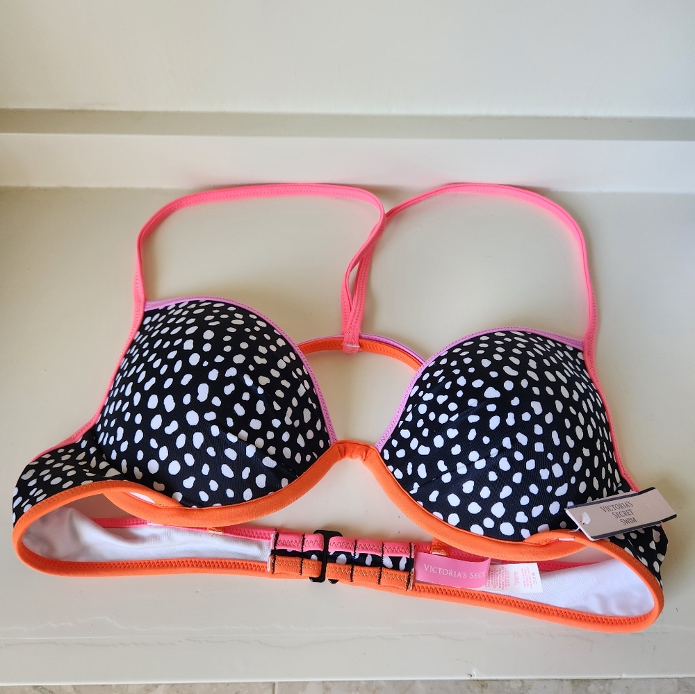 NWT Victoria's Secret Black & Neon Multicolored Molded Push Up Bikini Swim Top - Picture 2 of 6